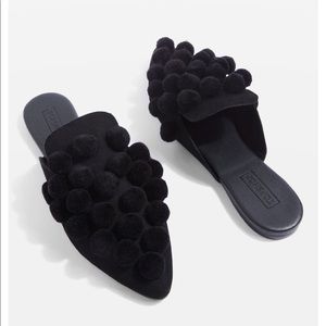 Topshop black Pom Pom flat mules